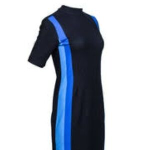 Hugo Boss Blue Sheath Midi Dress Mock Neck Short Sleeve